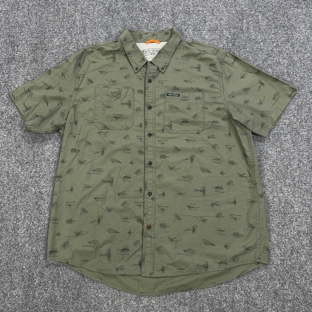Field & Stream Shirt Mens 2XL Green Fish Print Short Sleeve Button Front Fishing